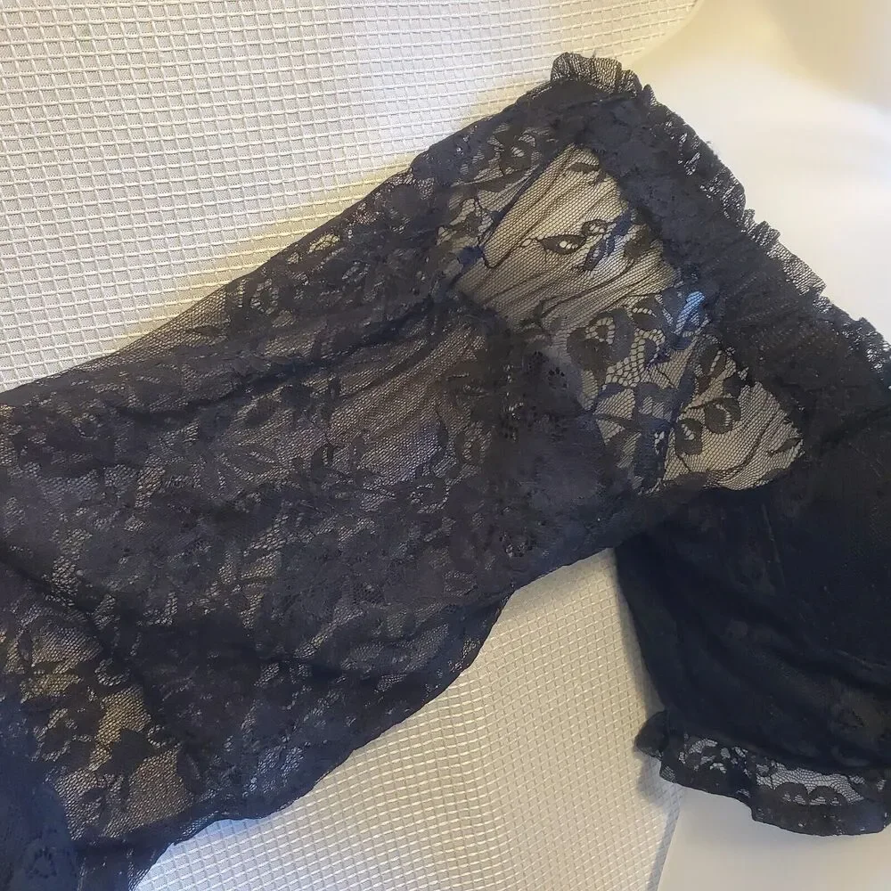 Womens Cropped Corset Puff Sleeve Blouse Sz M Black Lace Witchy Goblin Gothic